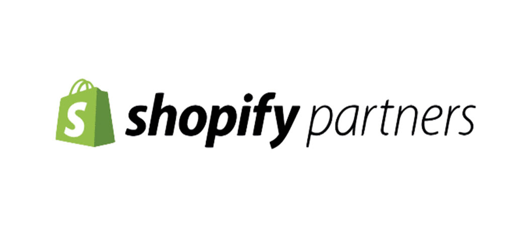 Logotipo de Shopify Partners en negro con bolsa verde y S blanca